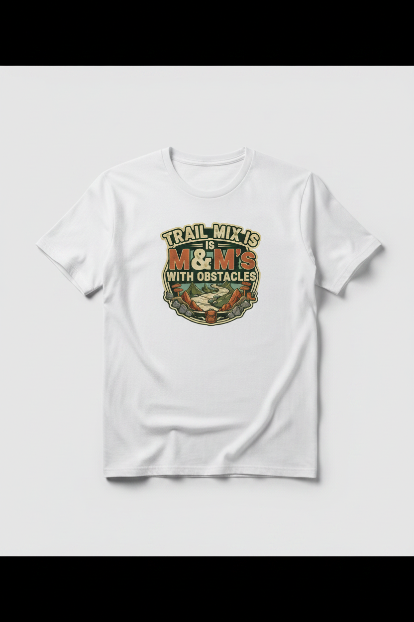 Trail Mix Is M&M's With Obstacles - White Tee Mockup